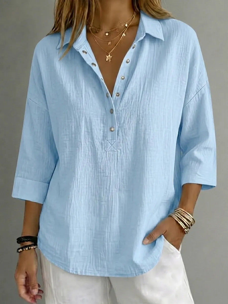 CLEARACNE SALEš„ Women's Casual Linen Blend Henley 3/4 Sleeve Shirt