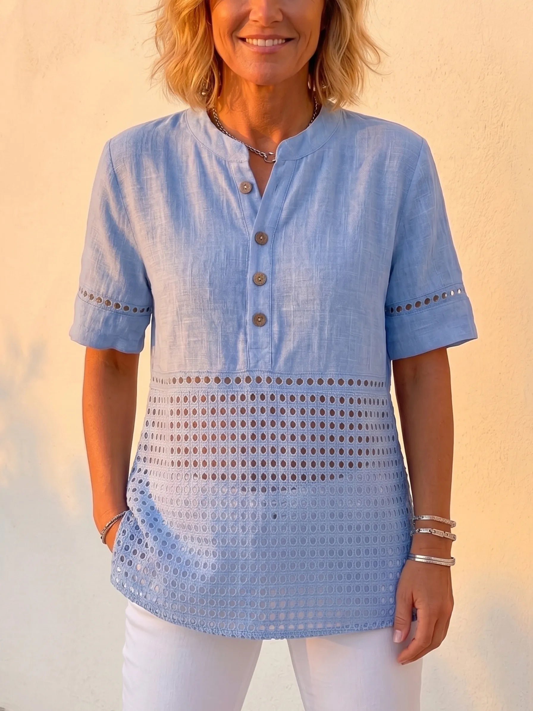 Clearance Sale🔥 Women's Vintage Cotton Linen Eyelet Lace Short Sleeve Shirt, Boho Button-Up Henley Blouse