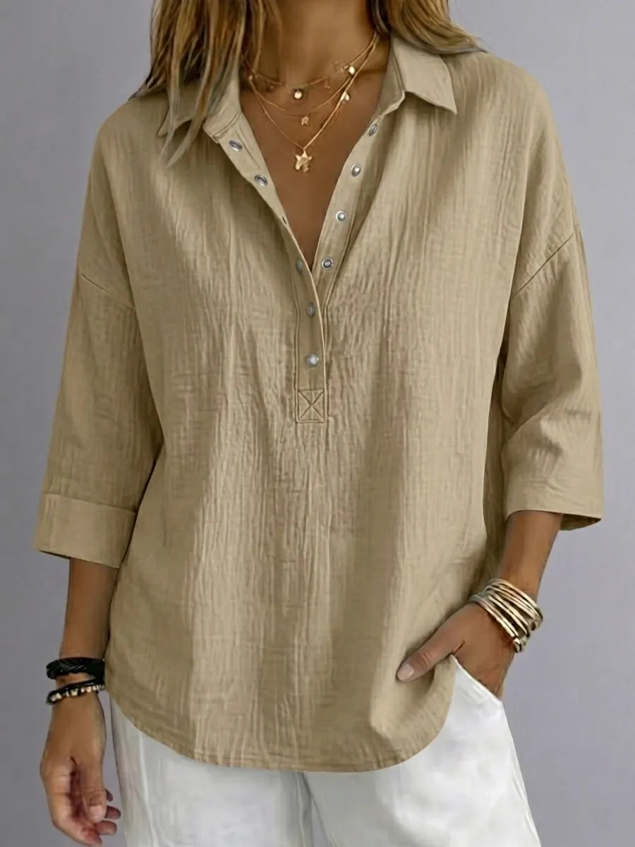 CLEARACNE SALEš„ Women's Casual Linen Blend Henley 3/4 Sleeve Shirt