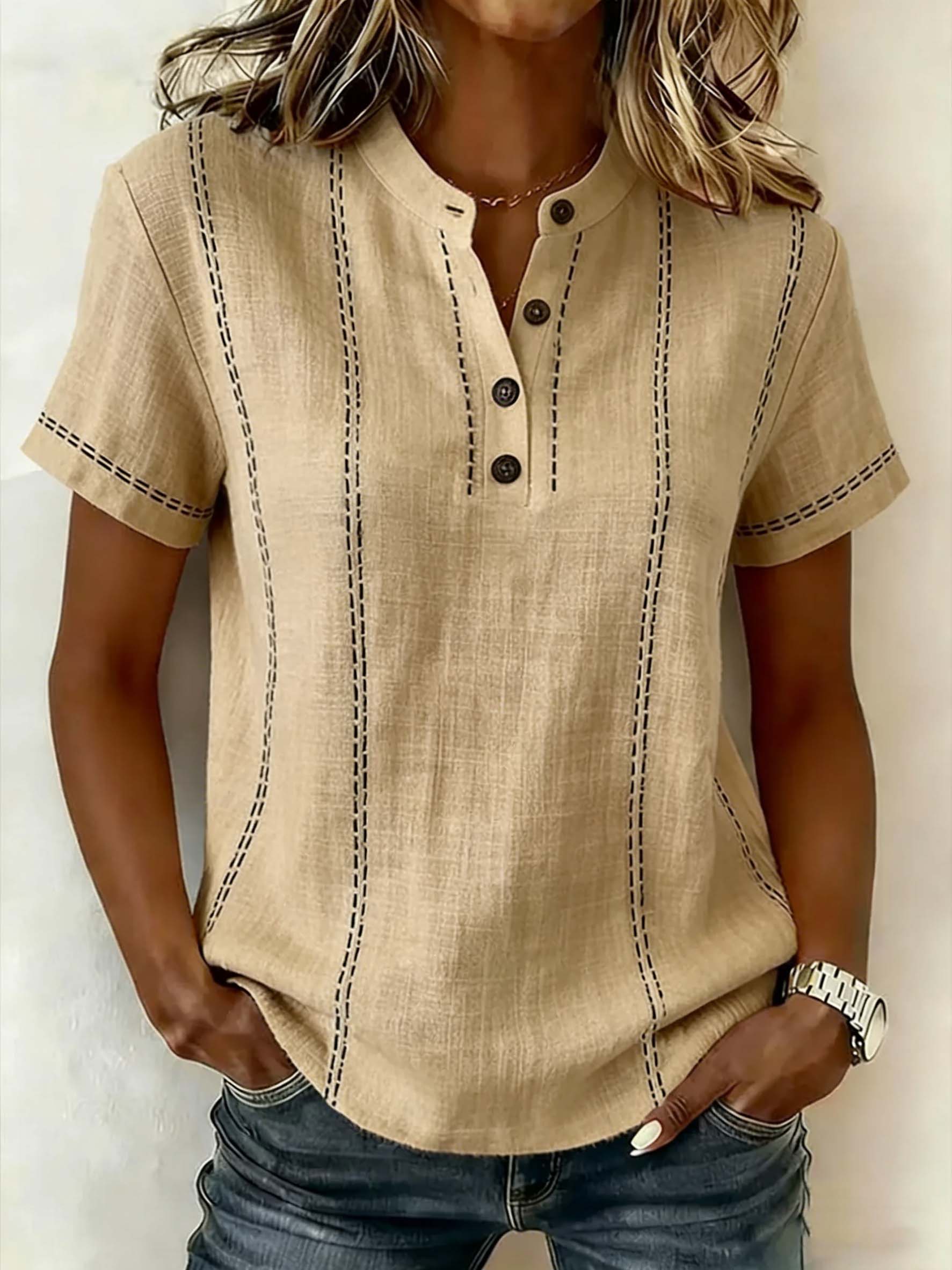 Women's V-neck Short-sleeve Casual Loose Cotton-linen Top