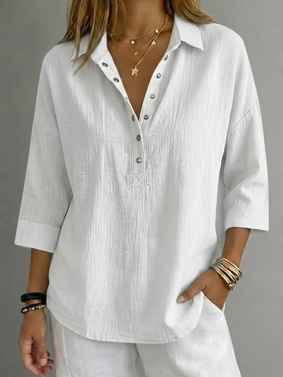 CLEARACNE SALEš„ Women's Casual Linen Blend Henley 3/4 Sleeve Shirt