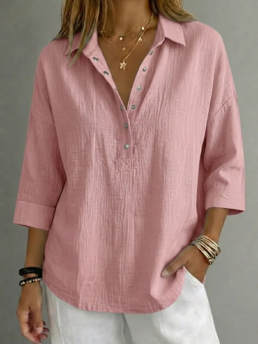 CLEARACNE SALEš„ Women's Casual Linen Blend Henley 3/4 Sleeve Shirt