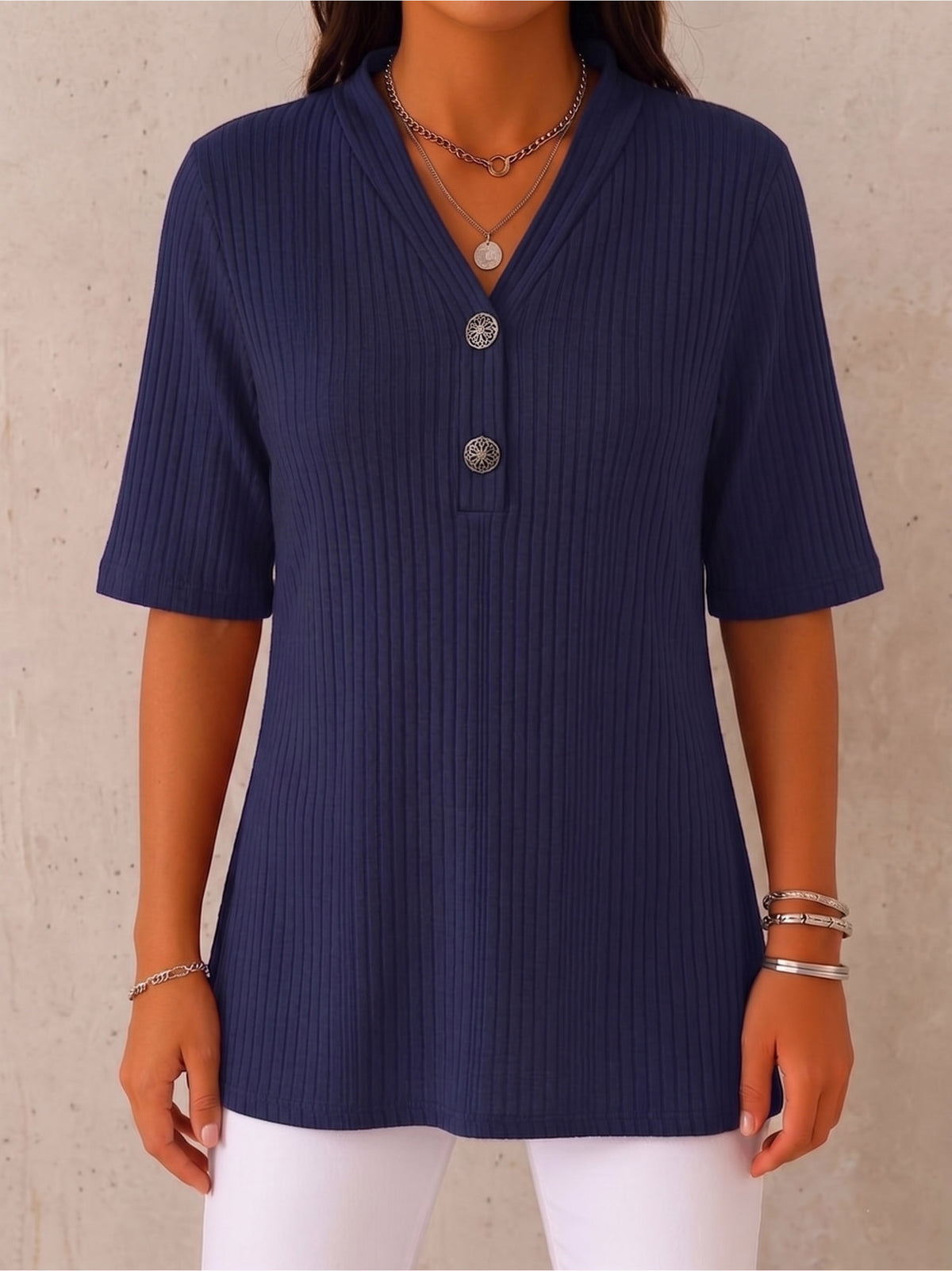 CLEARANCE SALE🔥 Ribbed Button-Neck Tee