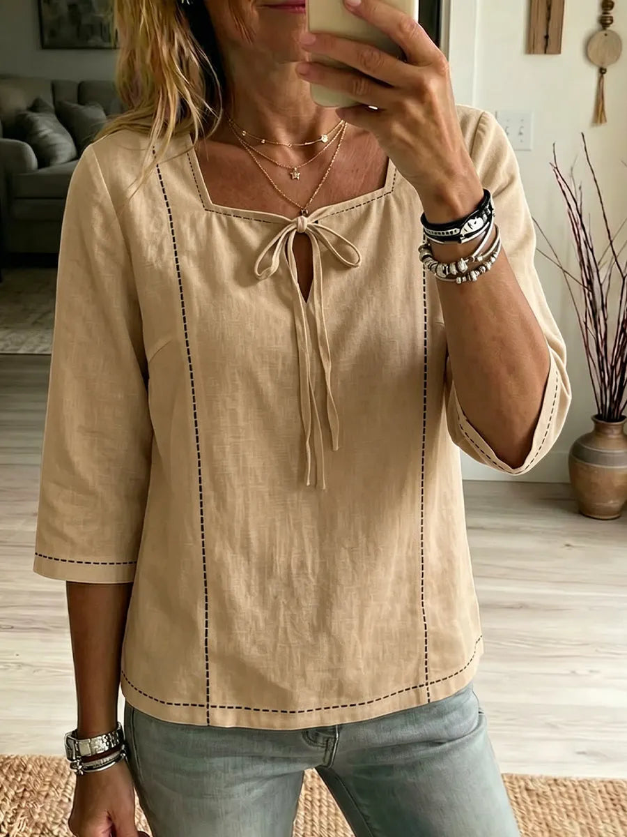 New Arrivals🔥 Women's Square-neck Ties Half-sleeve Cotton Shirt