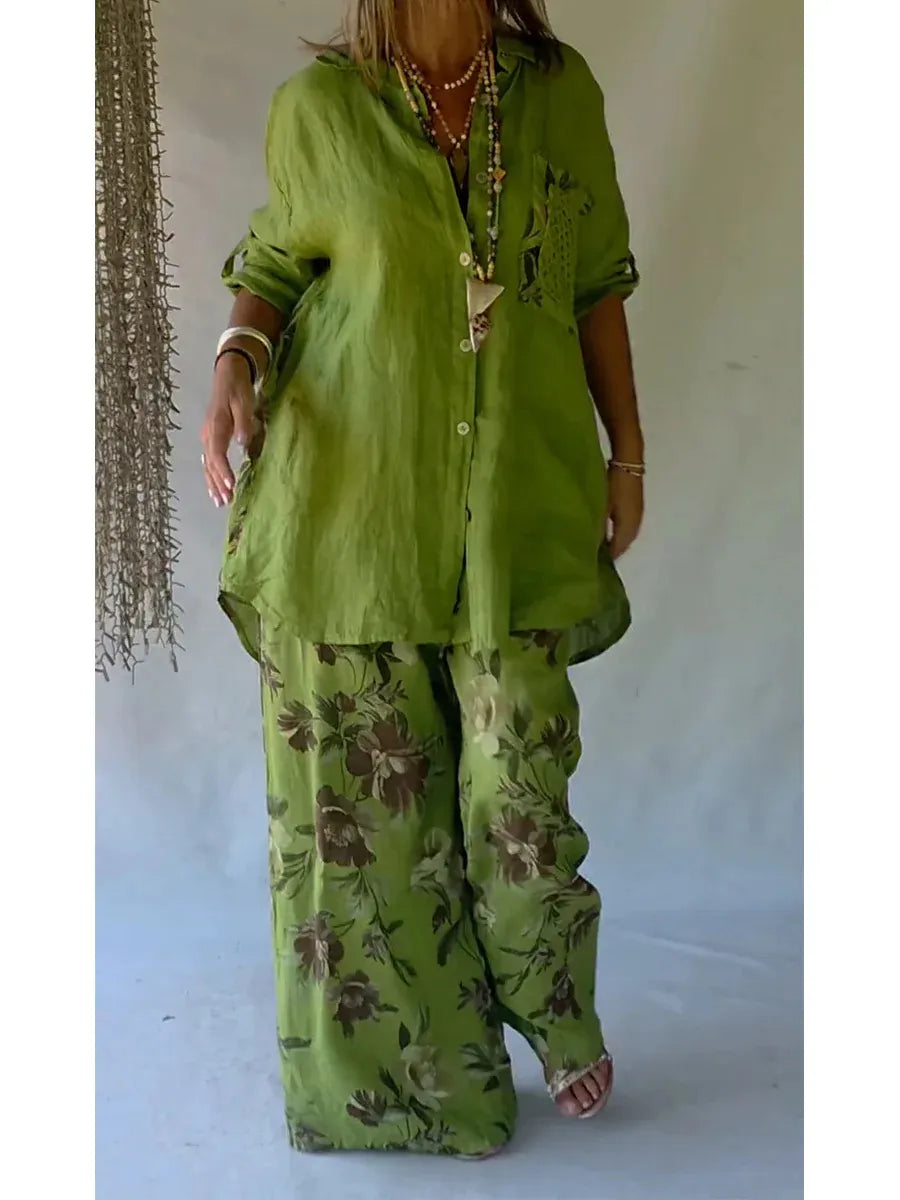 Casual Floral Print Linen And Cotton Shirt And Trousers Two-piece Set