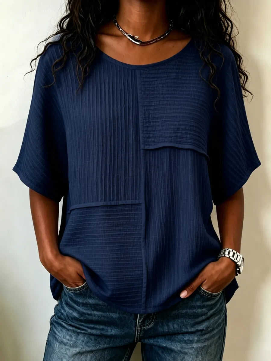 🔥 CLEARANCE SALE🔥 Women's Textured Patchwork Top with Round Neck and Short Sleeves