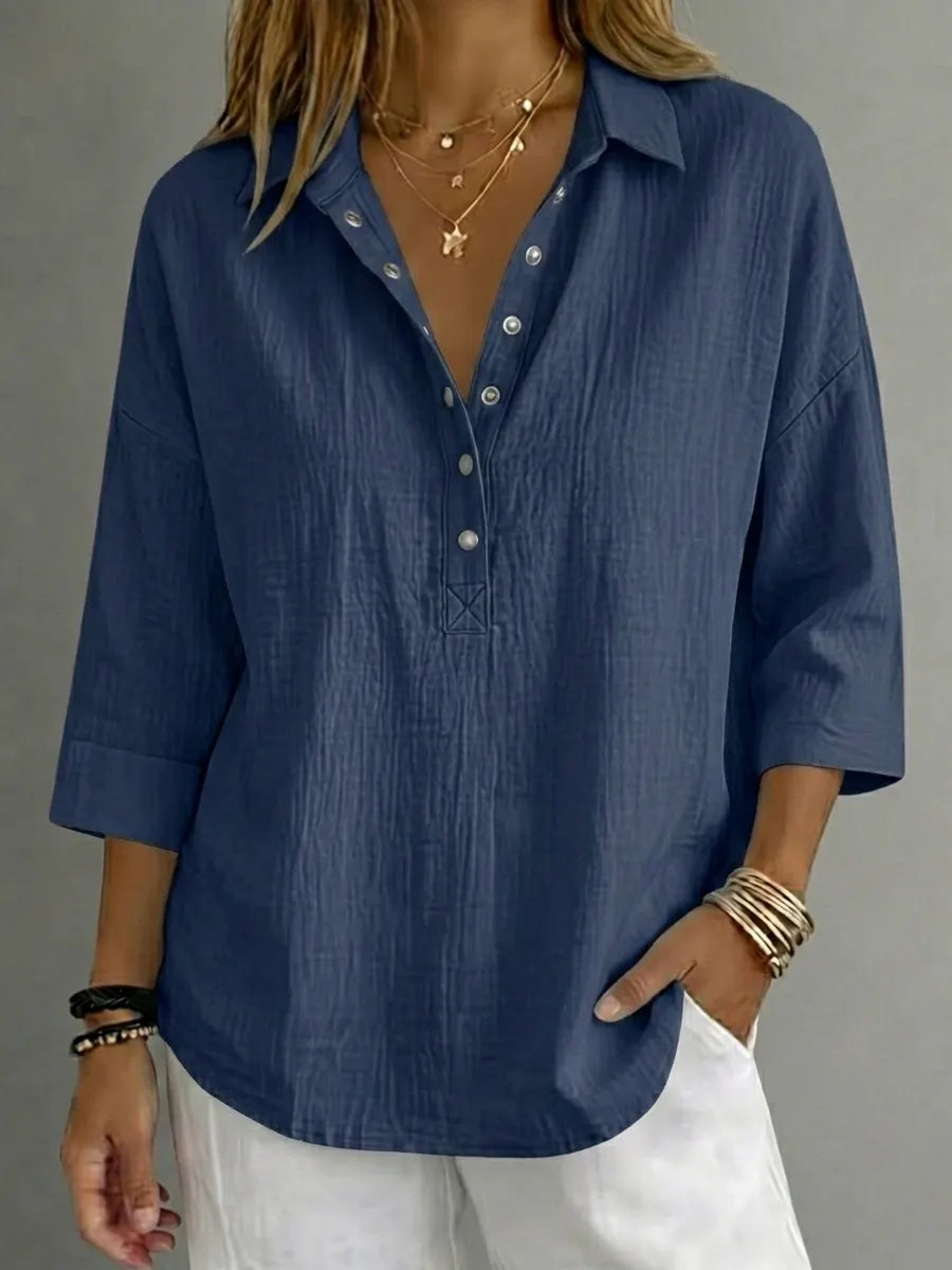 CLEARACNE SALEš„ Women's Casual Linen Blend Henley 3/4 Sleeve Shirt