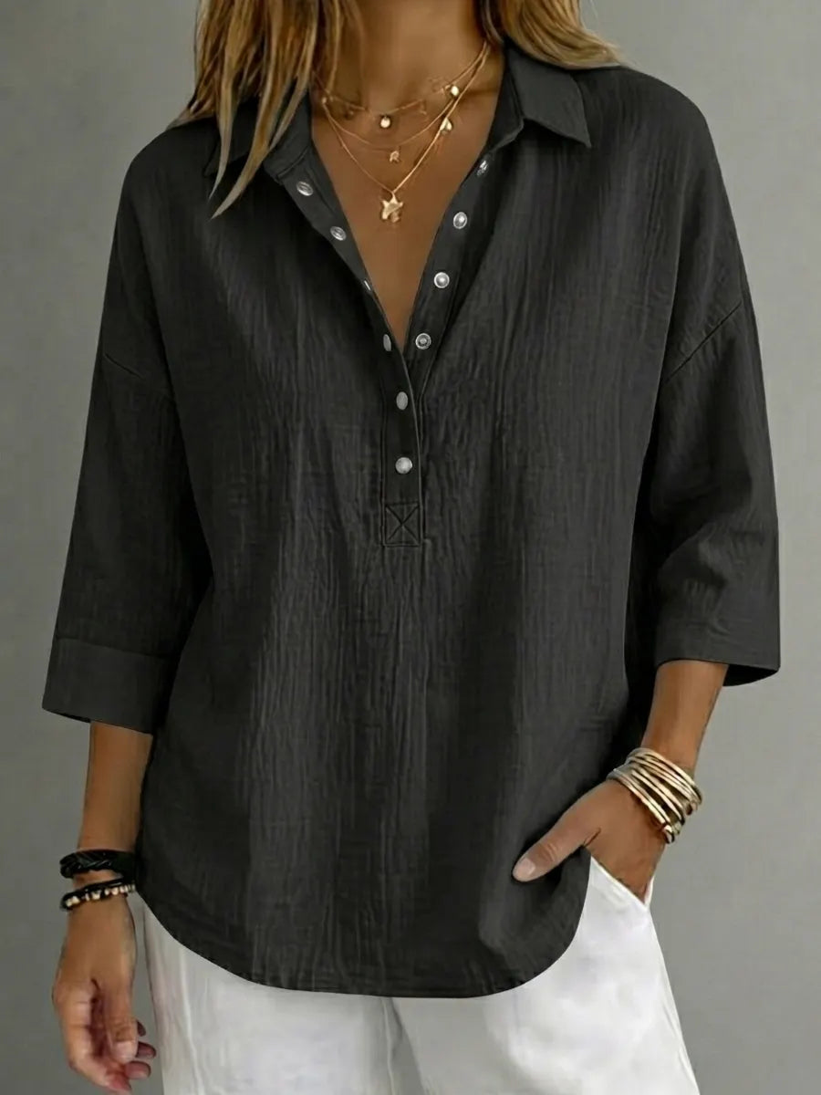 CLEARACNE SALEš„ Women's Casual Linen Blend Henley 3/4 Sleeve Shirt