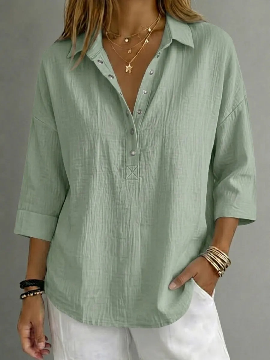 CLEARACNE SALEš„ Women's Casual Linen Blend Henley 3/4 Sleeve Shirt