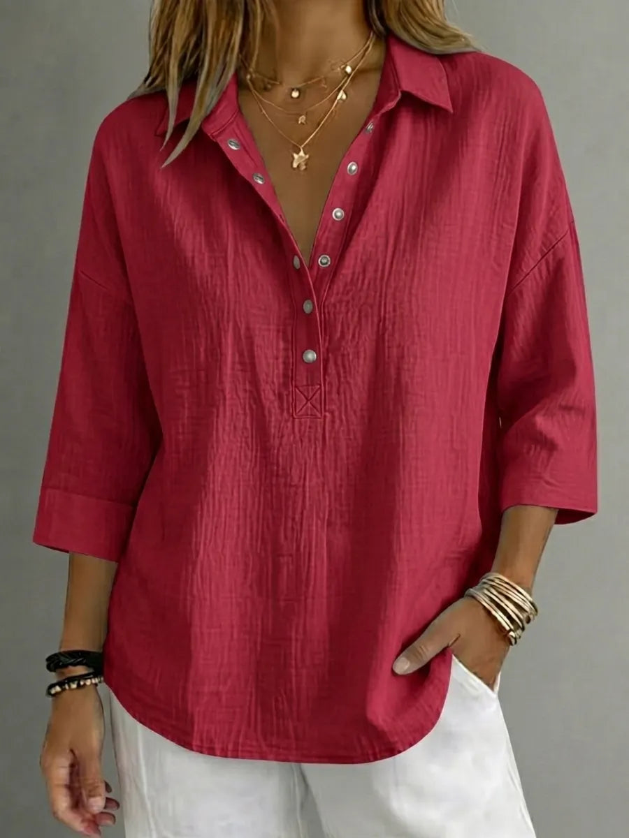 CLEARACNE SALEš„ Women's Casual Linen Blend Henley 3/4 Sleeve Shirt