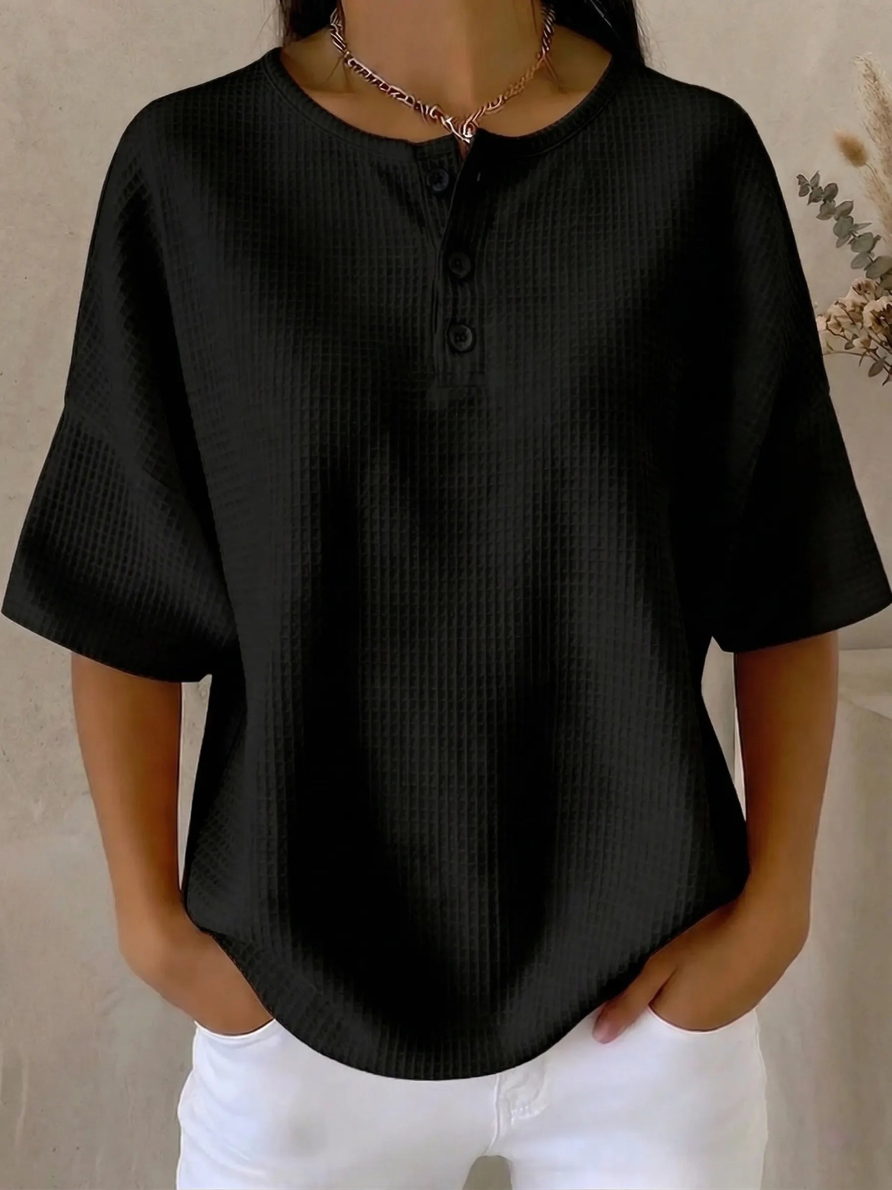 Clearance Sale🔥 Women's Casual Waffle Henry Collar 4/3 Sleeves T-shirt