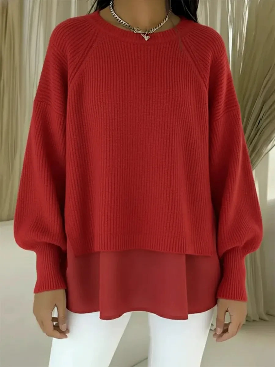 CLEARANCE SALE🔥 Women's Comfortable Patchwork Faux Two-piece Lantern Sleeve Sweater