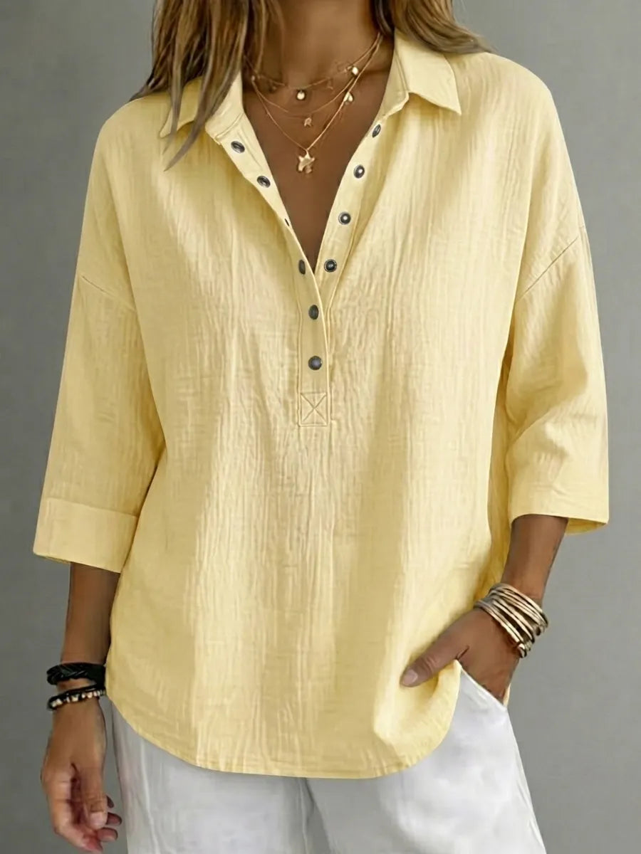 CLEARACNE SALEš„ Women's Casual Linen Blend Henley 3/4 Sleeve Shirt