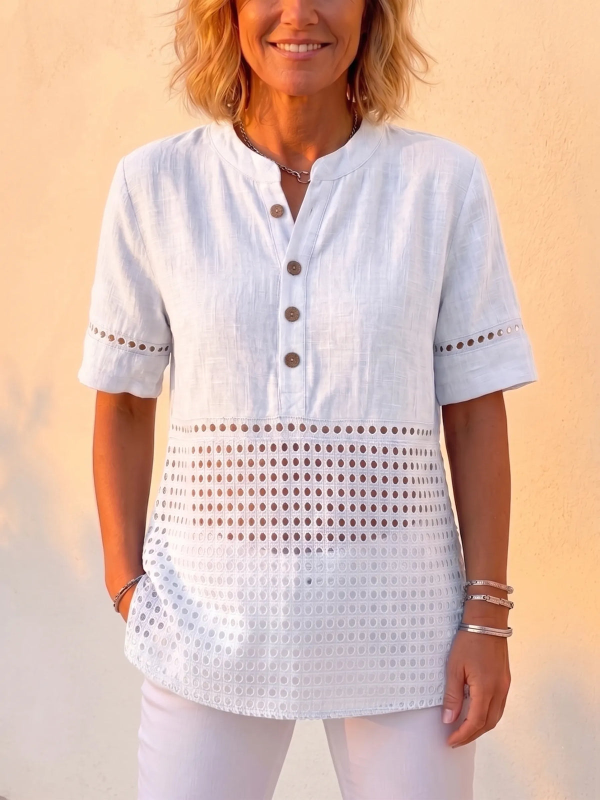 Clearance Sale🔥 Women's Vintage Cotton Linen Eyelet Lace Short Sleeve Shirt, Boho Button-Up Henley Blouse