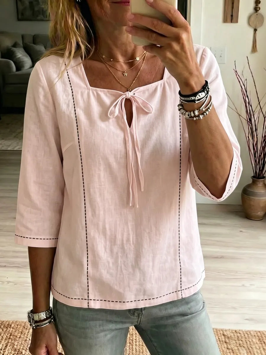 New Arrivals🔥 Women's Square-neck Ties Half-sleeve Cotton Shirt