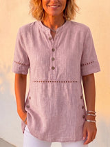 Clearance Sale🔥 Vintage Cotton-Linen Look Eyelet Embroidery Short Sleeve Blouse - Casual Half-Placket Button-Down Breathable Tunic Top
