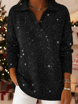 🎄 New Arrivals🔥 Christmas Party Polo Collar Shiny Loose Sweater Top