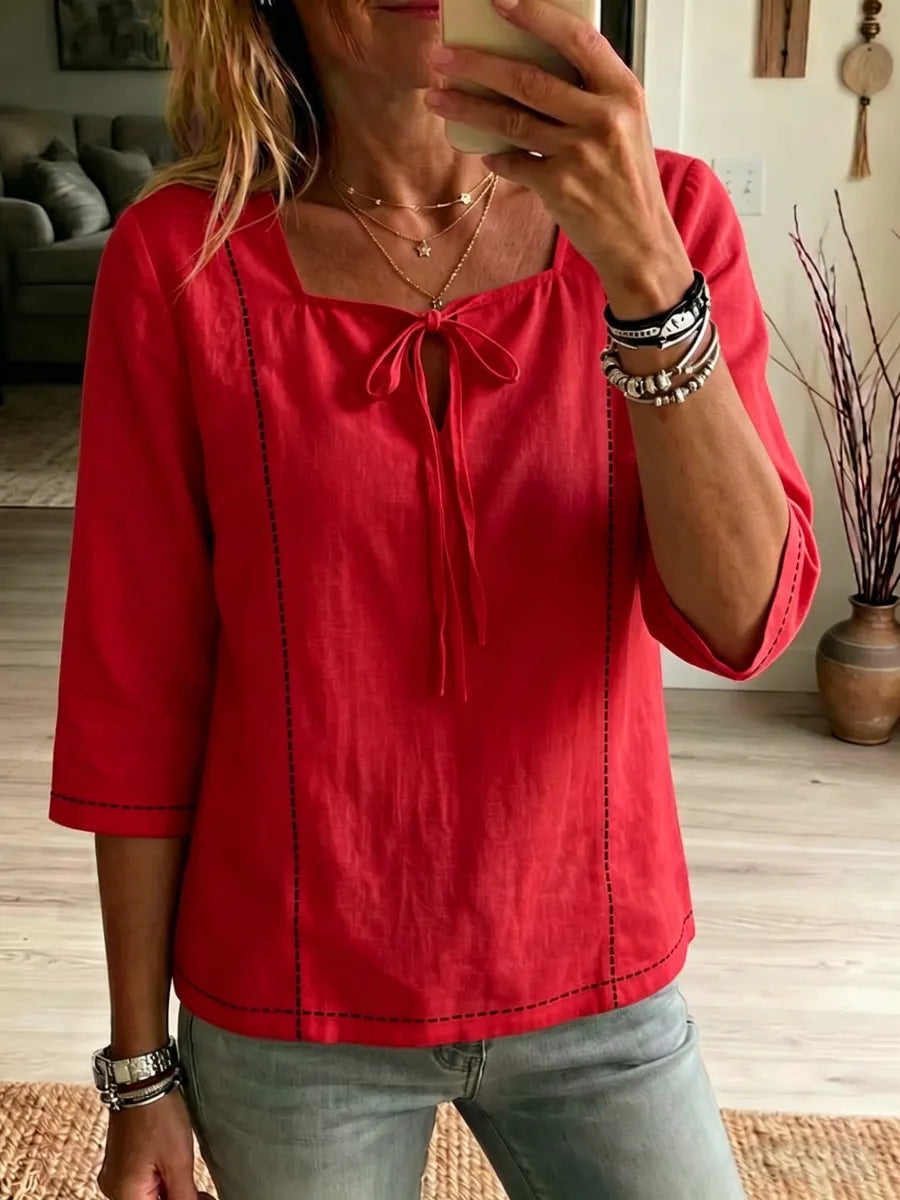 New Arrivals🔥 Women's Square-neck Ties Half-sleeve Cotton Shirt