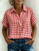 Casual Gingham Cotton-Linen Blouse