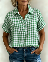 Casual Gingham Cotton-Linen Blouse