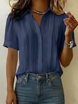 Clearance Sale🔥 Women's Lapel Short-sleeved Casual Loose Pleated Cotton And Linen Shirt T Shirts