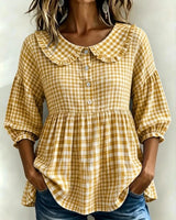 Women's Puff Sleeve Peplum Gingham Blouse