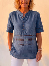 Clearance Sale🔥 Women's Vintage Cotton Linen Eyelet Lace Short Sleeve Shirt, Boho Button-Up Henley Blouse
