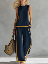 Women's Round Neck Sleeveless Casual Loose Top And High-waisted Loose Wide-leg Pants Cotton And Linen Set