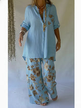 Casual Floral Print Linen And Cotton Shirt And Trousers Two-piece Set