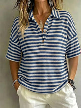 CLEARANCE SALE Women'S Fashion Striped Waffle Short-Sleeved Polo Shirt