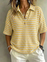 CLEARANCE SALE Women'S Fashion Striped Waffle Short-Sleeved Polo Shirt