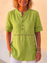 Clearance Sale🔥 Vintage Cotton-Linen Look Eyelet Embroidery Short Sleeve Blouse - Casual Half-Placket Button-Down Breathable Tunic Top