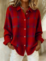 CLEARANCE SALE🔥 Women's Casual Contrast Color Autumn and Winter Retro Plaid Print Buttoned Cardigan Sweater