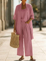 Minimalist Linen-cotton Three-piece Set - Comfortable For Everyday Wear