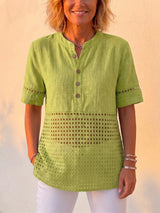 Clearance Sale🔥 Women's Vintage Cotton Linen Eyelet Lace Short Sleeve Shirt, Boho Button-Up Henley Blouse