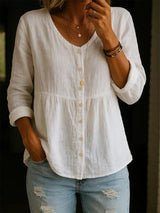 New Arrivals🔥 Women's Linen Cotton Blend Shirt - 3/4 Sleeve Crew Neck Loose Hip-Length Casual Blouse