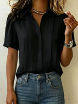 Clearance Sale🔥 Women's Lapel Short-sleeved Casual Loose Pleated Cotton And Linen Shirt T Shirts