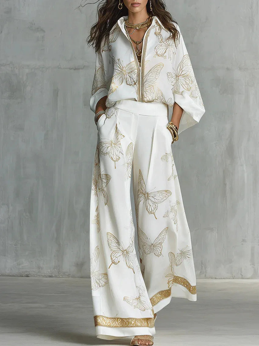 Casual Elegant Gold Butterfly Print Loose Two-piece Set