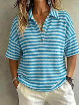 CLEARANCE SALE Women'S Fashion Striped Waffle Short-Sleeved Polo Shirt