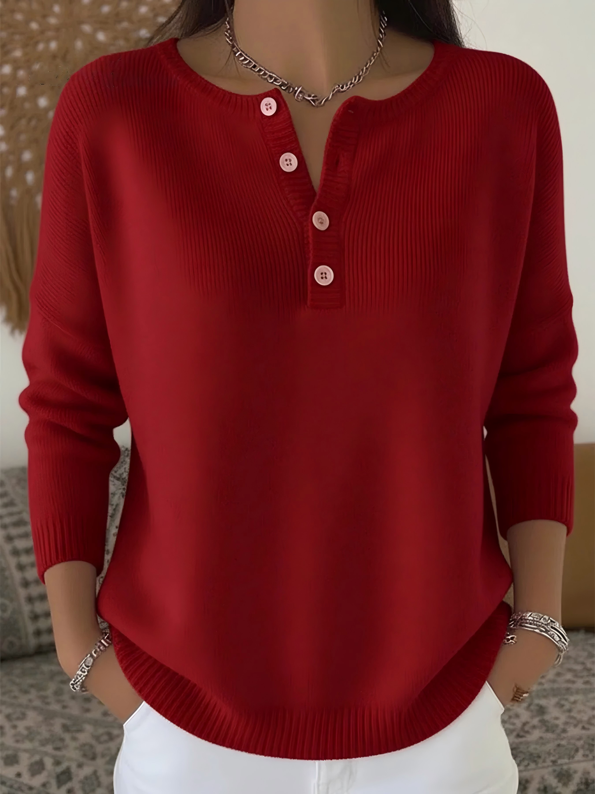 CLEARANCE SALE🔥 Women's Soft Solid Color Henley Collar Sweater Top