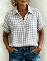 Casual Gingham Cotton-Linen Blouse