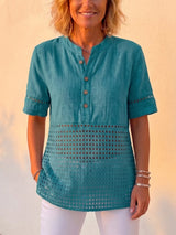 Clearance Sale🔥 Women's Vintage Cotton Linen Eyelet Lace Short Sleeve Shirt, Boho Button-Up Henley Blouse