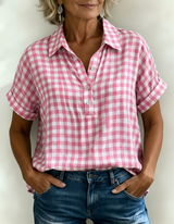 Casual Gingham Cotton-Linen Blouse