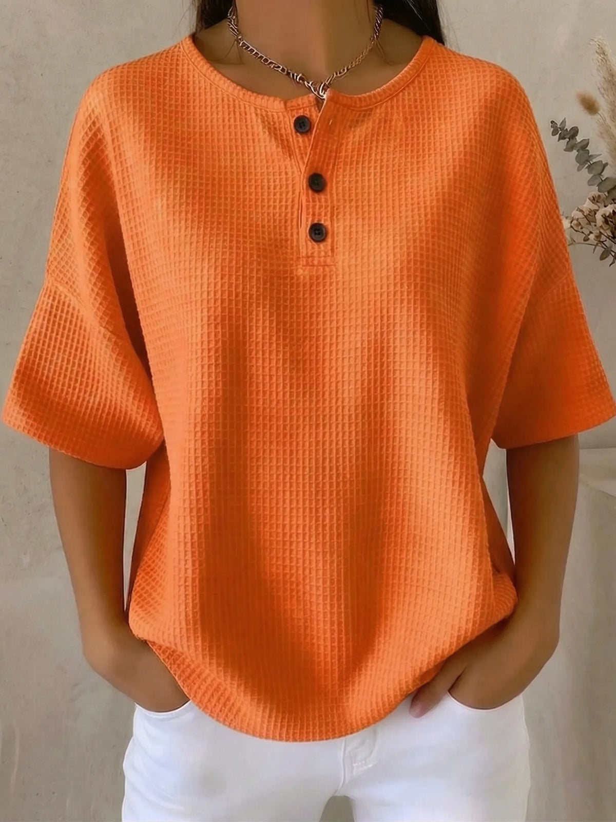 Clearance Sale🔥 Women's Casual Waffle Henry Collar 4/3 Sleeves T-shirt