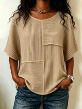 🔥 CLEARANCE SALE🔥 Women's Textured Patchwork Top with Round Neck and Short Sleeves