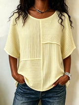 🔥 CLEARANCE SALE🔥 Women's Textured Patchwork Top with Round Neck and Short Sleeves
