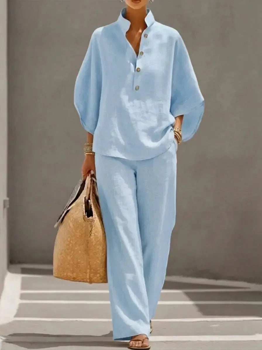 Casual Batwing Sleeve Linen And Cotton Shirt And Trousers Two-piece Set