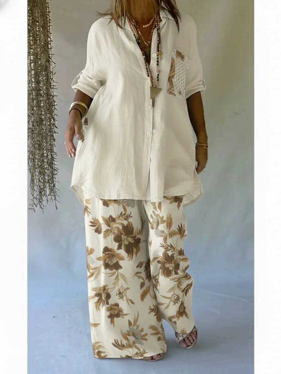 Casual Floral Print Linen And Cotton Shirt And Trousers Two-piece Set