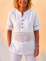 Clearance Sale🔥 Women's Vintage Cotton Linen Eyelet Lace Short Sleeve Shirt, Boho Button-Up Henley Blouse