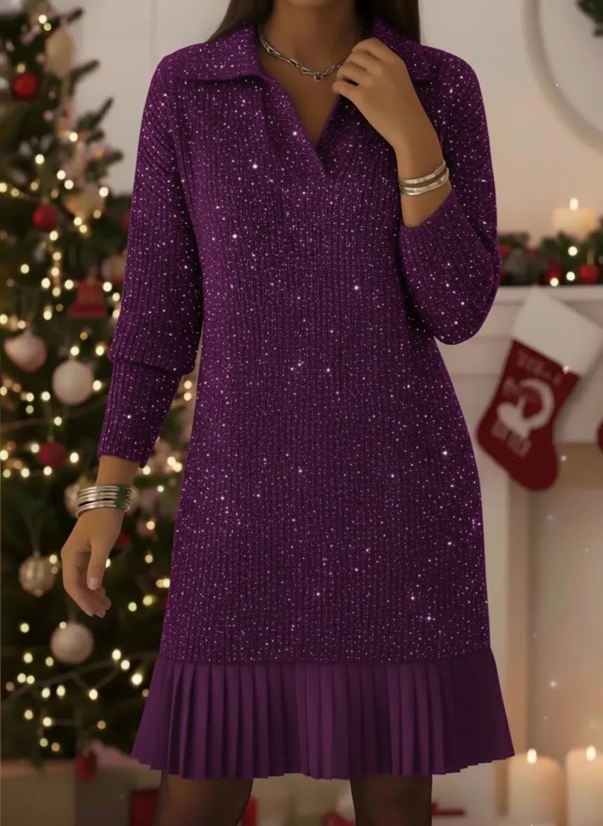 CLEARANCE SALE🔥Women's Elegant Polo Neck Shimmering Knit Dress